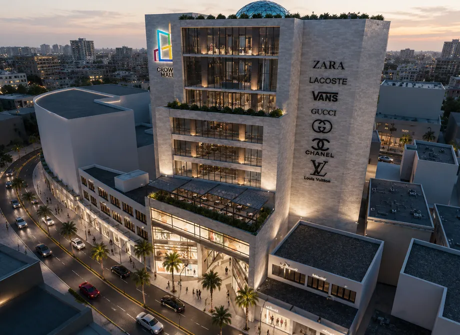Aerial view of the mall at dusk