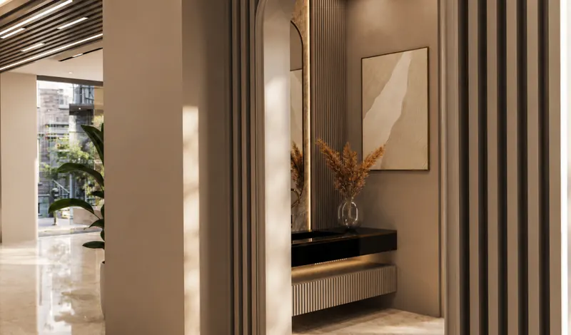 Corridor with arched mirror niche