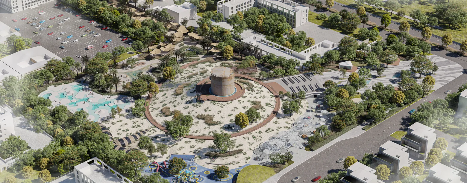 Aerial view of the water tower and surrounding park