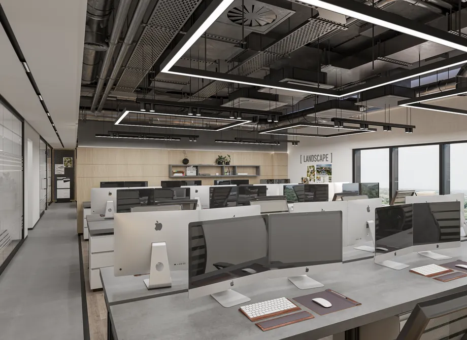 Open workspace beneath the exposed ceiling