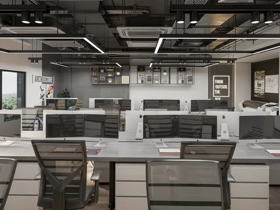 Workstations along the glazed wall