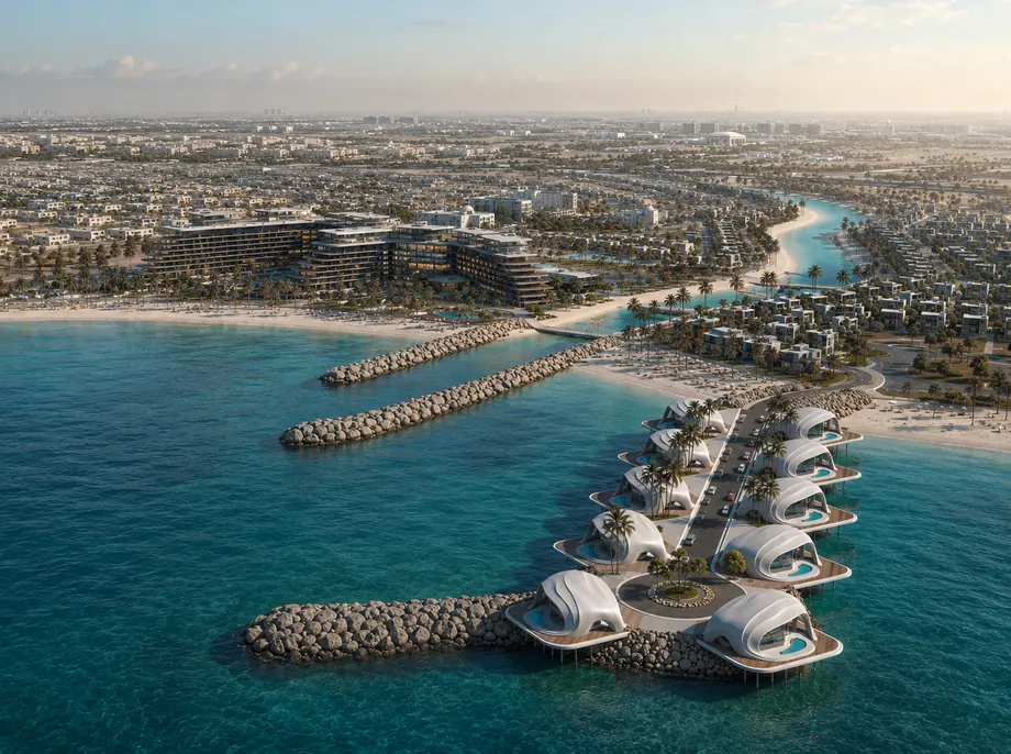 Aerial view of the development reaching into the sea