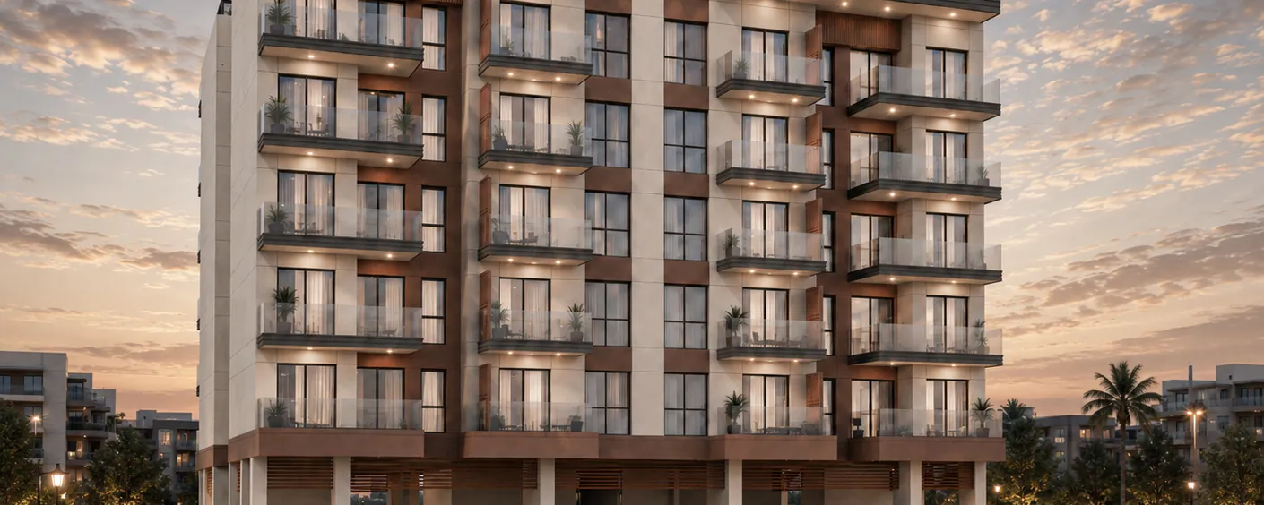 Residential frontage at sunset