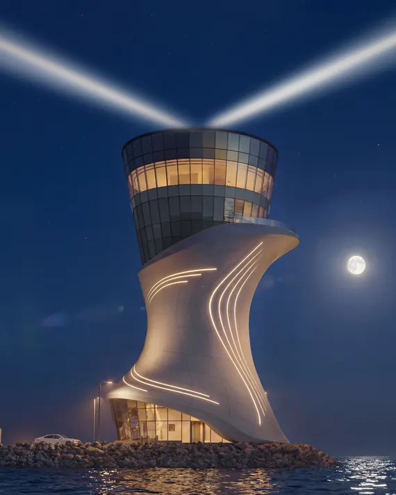 The tower at night with its beams lit