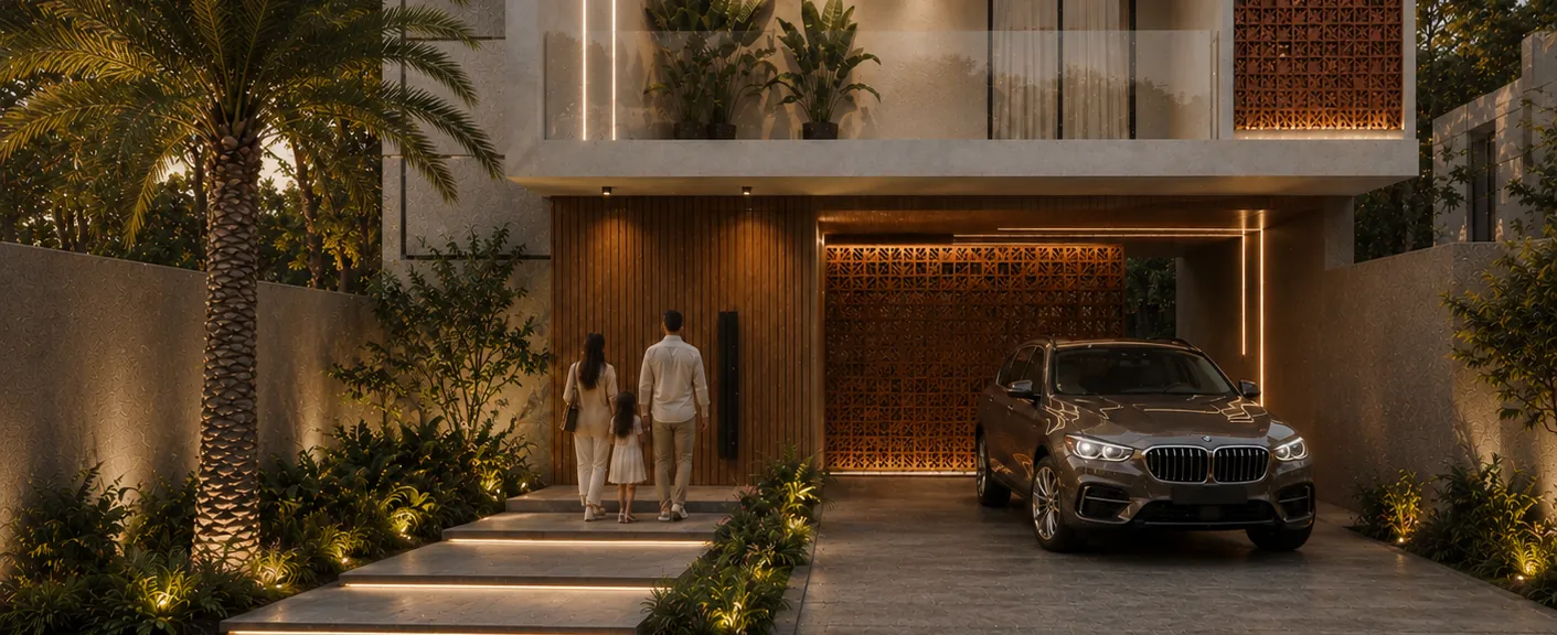 Villa entrance at night